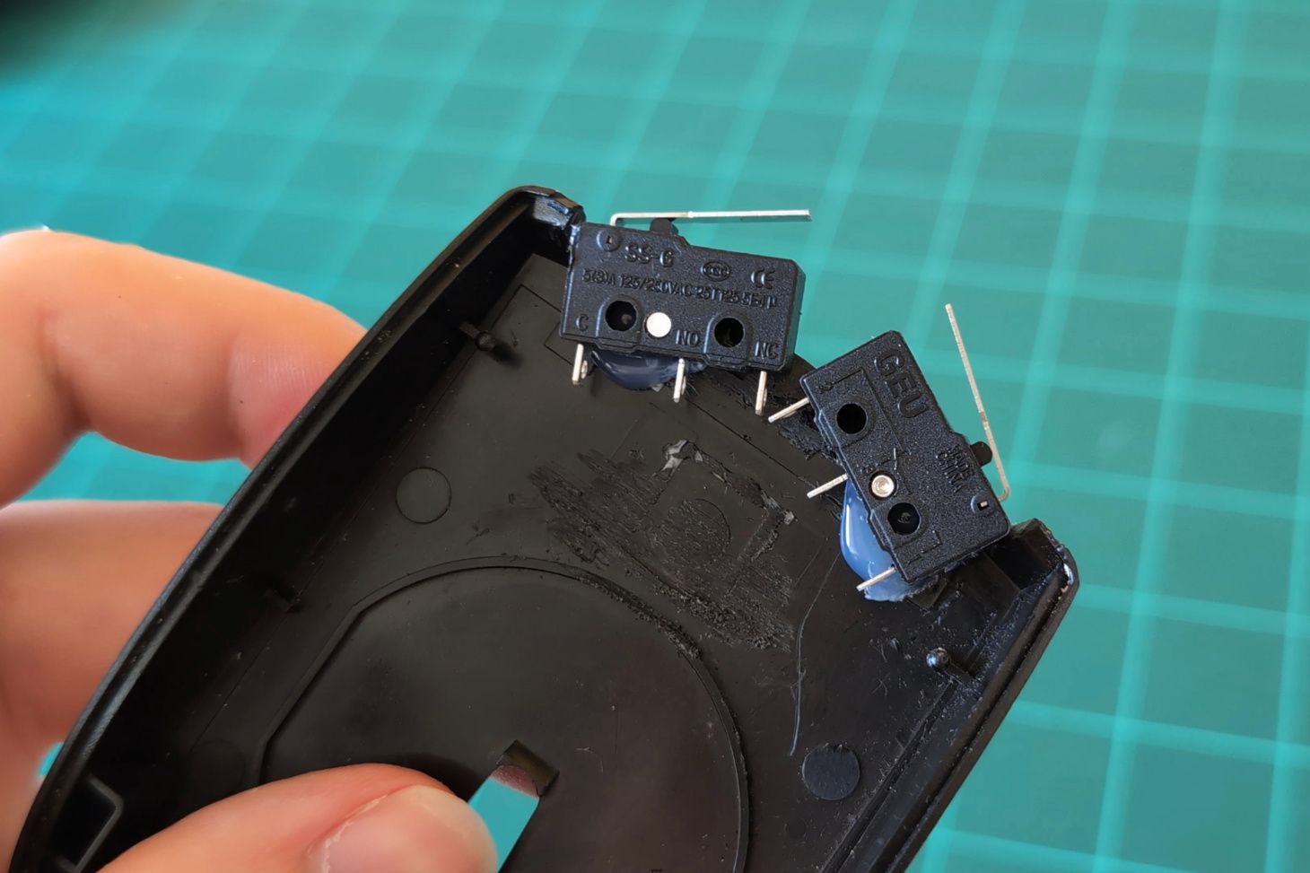 SPDT switches mounted at an angle on the front.