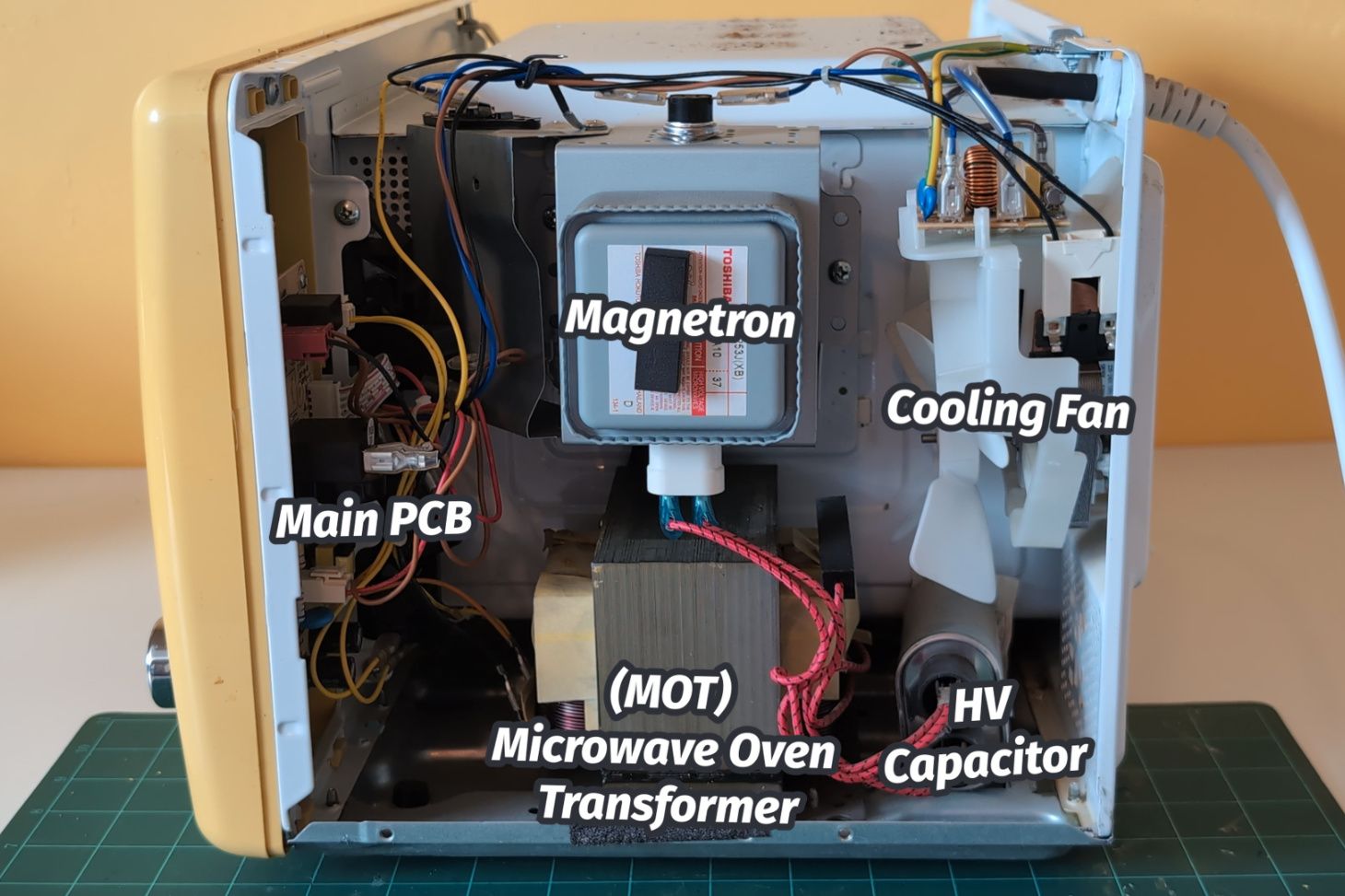The inside of a microwave showing the internal components.