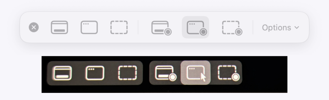 Discrepancy between the screenshot icon in the Touch Bar and the one on screen.