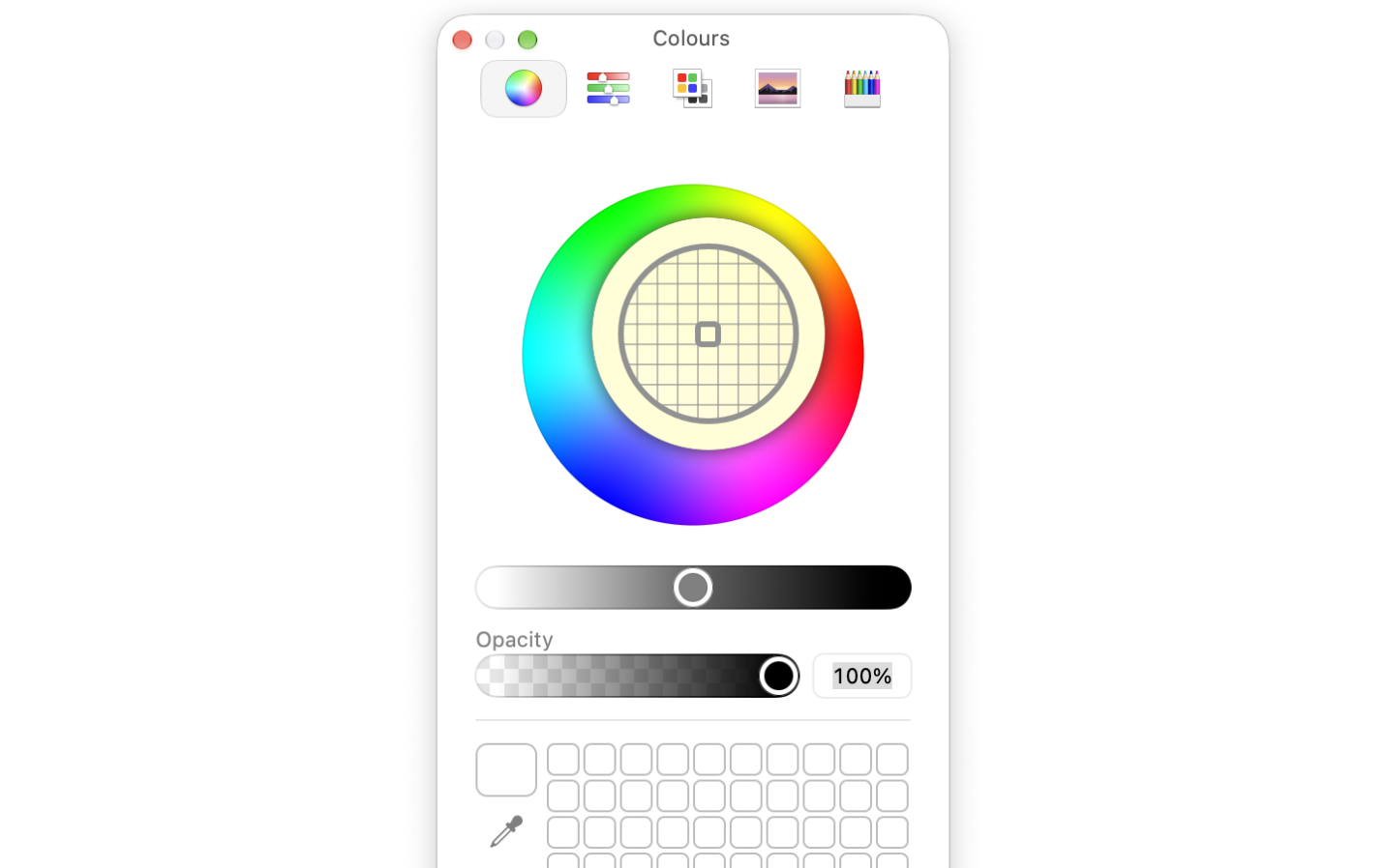 The Colours window open with the eyedropper tool being used on its own window.